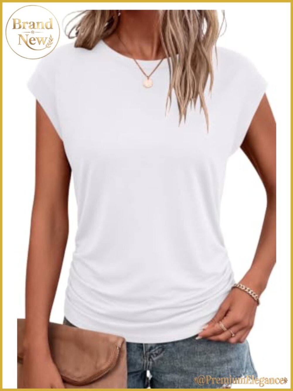 Womens Summer Cap Sleeve Crew Neck Pleated Loose Fit T-Shirt